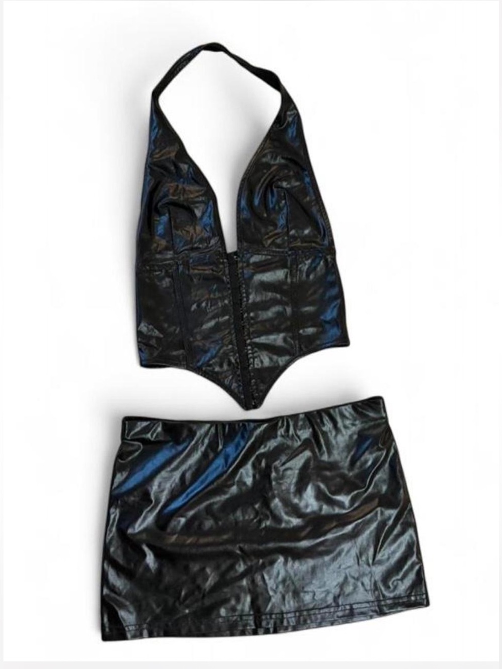 Fashion Nova Black Faux Leather Halter Corset Top & Mini Skirt Set